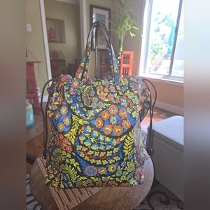 Etro Black Leather Tote with Red, Blue, Yellow Floral Print